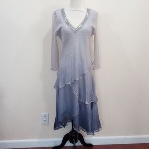 Komarov Tiered Silver Night Ombre Chiffon Charmeuse A-line Beaded Dress - L
